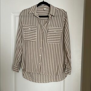 Striped Button Down Shirt - Tan and White